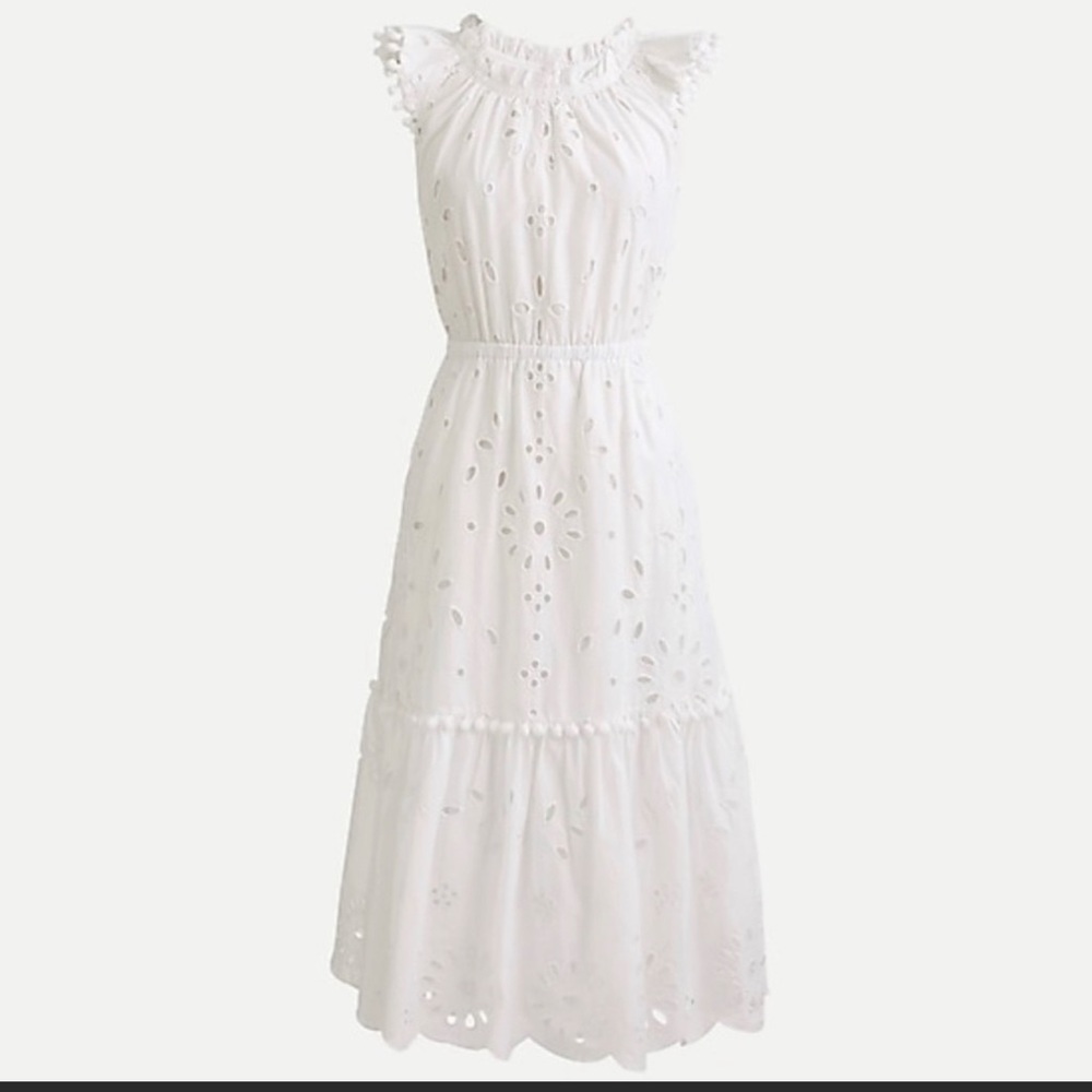 J.Crew NWTO embroidered eyelet ruffle pompon sleeve white dress